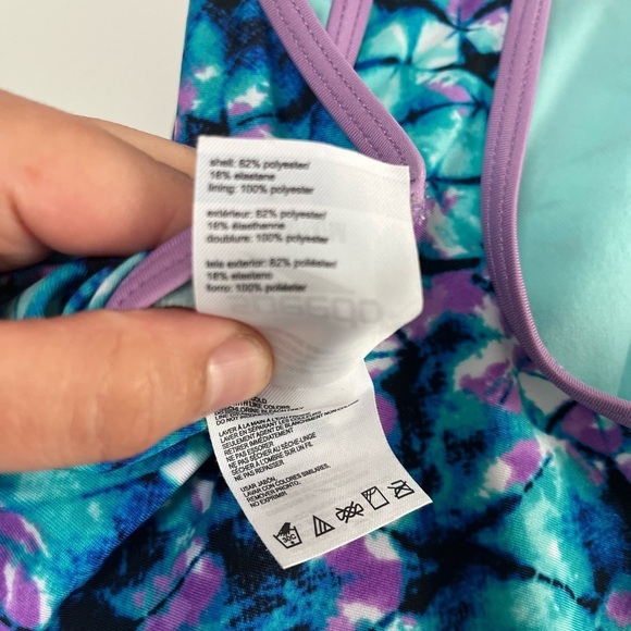 Speedo Girls Thin Strap One Piece Swimsuit Aqua/Purple Silicone Grippers Sz Med - Picture 4 of 10